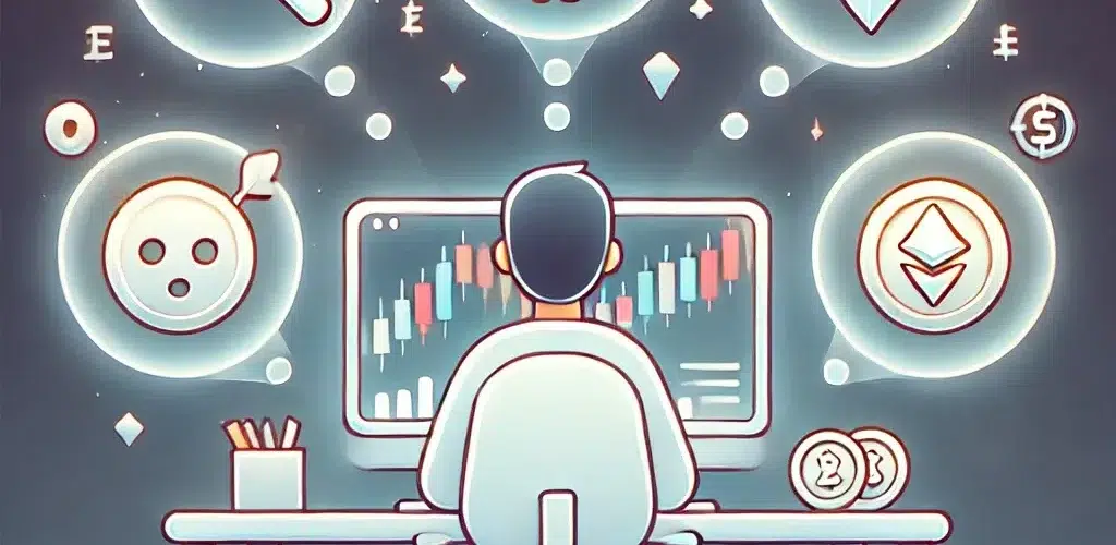 A crypto trader surrounded by symbolic thought bubbles representing psychological biases like confirmation bias and overconfidence.