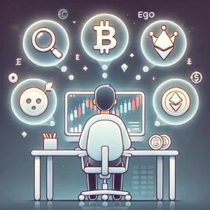 A crypto trader surrounded by symbolic thought bubbles representing psychological biases like confirmation bias and overconfidence.