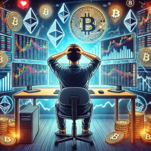 A stressed-out crypto trader looking at market charts, representing emotional decision-making.