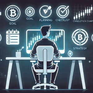A focused crypto trader creating a strategy using charts, checklists, and a planning board, symbolizing clarity and discipline.