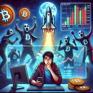 An anxious trader watches a Bitcoin rocket take off on screen, overwhelmed by FOMO, with celebrating traders in the background.