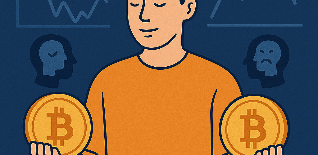 A calm crypto investor holding digital coins while charts move behind them, symbolizing patience, conviction, and emotional struggle in long-term holding.