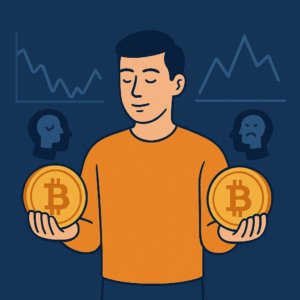 A calm crypto investor holding digital coins while charts move behind them, symbolizing patience, conviction, and emotional struggle in long-term holding.