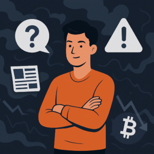 A crypto trader standing confidently in front of a chaotic background symbolizing fear and confusion, with icons of news headlines and market drops floating around.