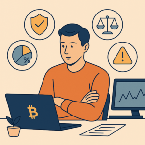 A calm crypto trader surrounded by symbolic icons of risk control: shield, balance, allocation, and warning signs — no text, only clean icons.