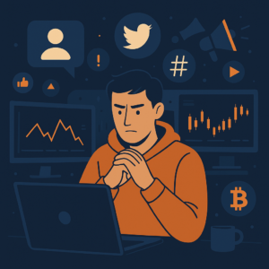 A crypto trader watching multiple screens with influencer icons, trending charts, and hype symbols surrounding them, showing the pressure and confusion of trading from social media signals.