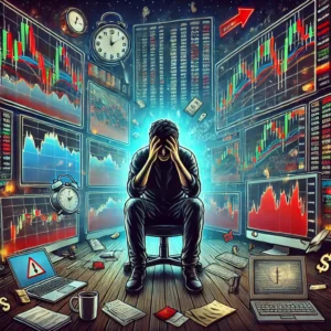 A fatigued crypto trader surrounded by volatile charts and glowing monitors, illustrating emotional strain in high-pressure markets