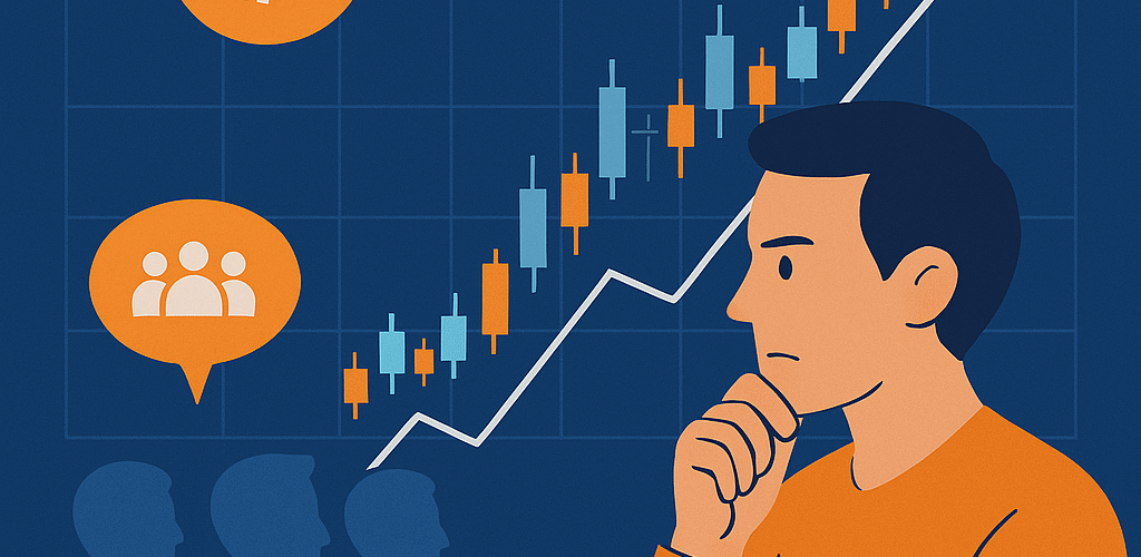 A crypto trader focused on analyzing a chart while others follow each other blindly, illustrating the dangers of herd behavior and the value of independent thinking.