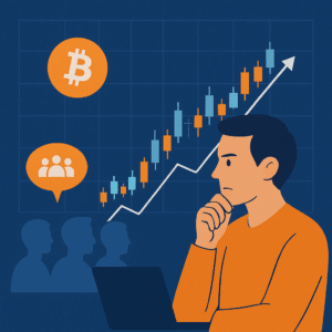 A crypto trader focused on analyzing a chart while others follow each other blindly, illustrating the dangers of herd behavior and the value of independent thinking.