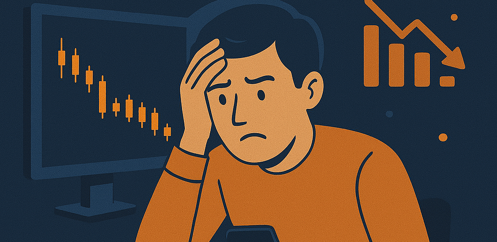 A stressed crypto trader staring at multiple charts, surrounded by symbols of rapid trades and price volatility, representing mental fatigue from overtrading.