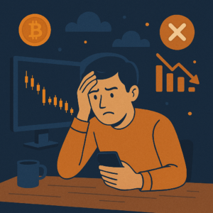 A stressed crypto trader staring at multiple charts, surrounded by symbols of rapid trades and price volatility, representing mental fatigue from overtrading.