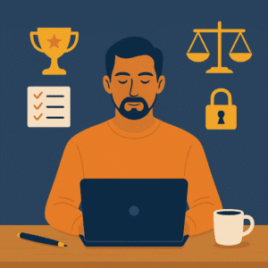 A calm crypto trader surrounded by symbols of discipline and balance like a checklist, trophy, and balance scale — not overexcited, but focused.
