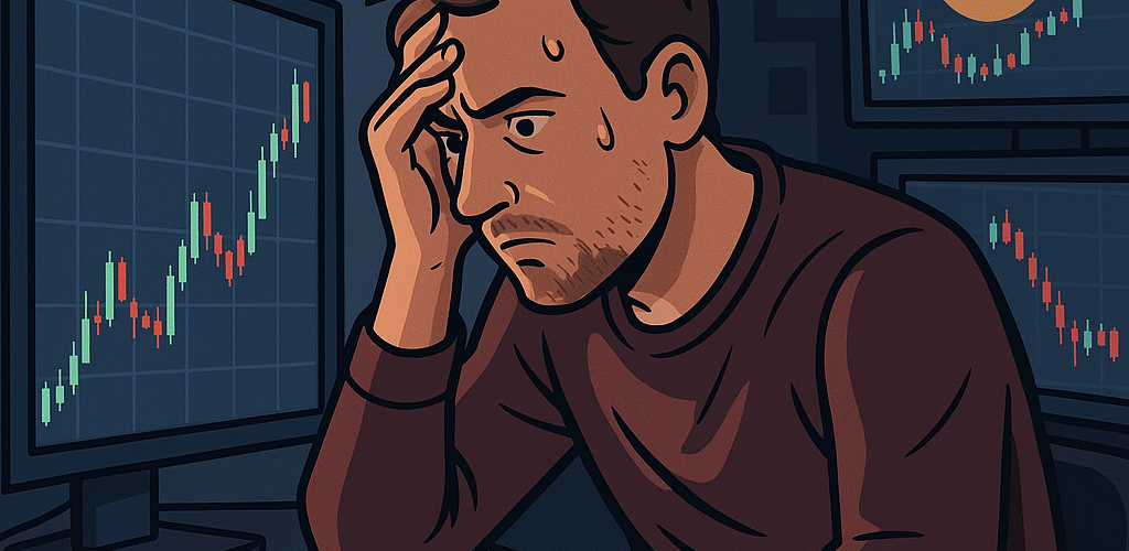 A stressed crypto trader intensely watching multiple screens with flashing charts, surrounded by icons symbolizing obsession and compulsive behavior.