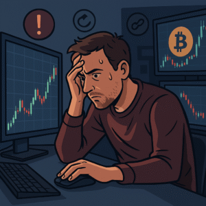 A stressed crypto trader intensely watching multiple screens with flashing charts, surrounded by icons symbolizing obsession and compulsive behavior.