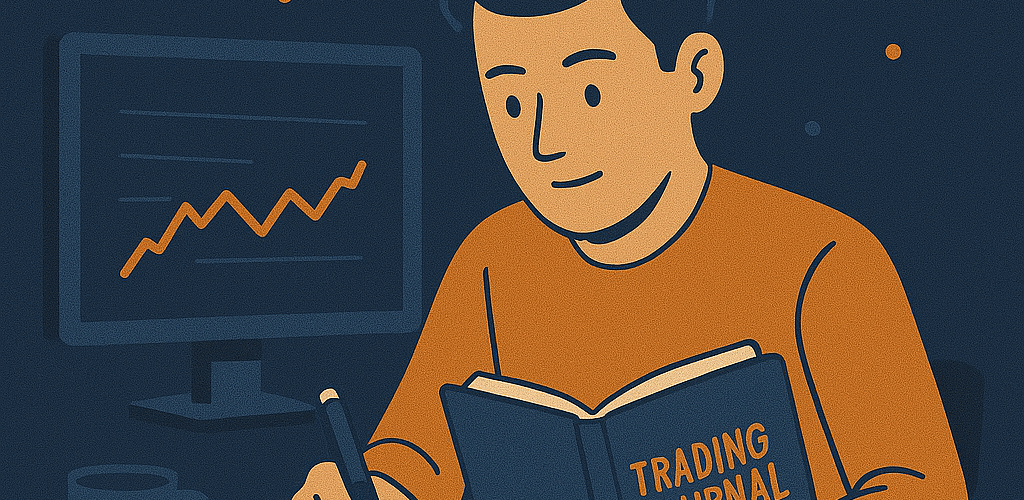 A trader using his crypto trading journal to log growth, insight, and profit and loss performance.