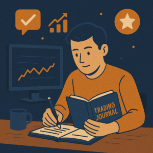A crypto trader writing in a physical or digital journal, with symbolic icons of growth, insight, and performance floating above their head.