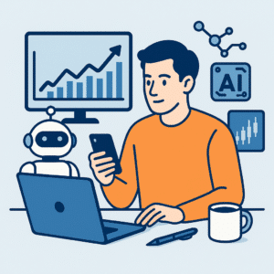 A focused trader at a desk, interacting with a laptop and smartphone, surrounded by icons for AI analytics, charting, and automation tools, symbolizing technology-driven trading.