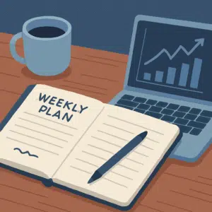 A crypto trader calmly reviewing a journal with charts and performance graphs around them, symbolizing structured weekly self-reflection and growth.