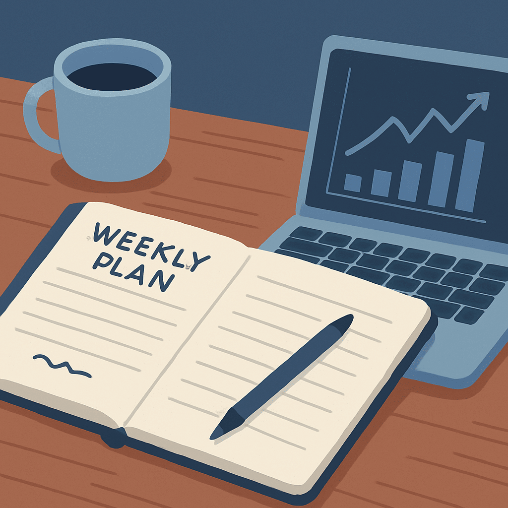 A crypto trader calmly reviewing a journal with charts and performance graphs around them, symbolizing structured weekly self-reflection and growth.