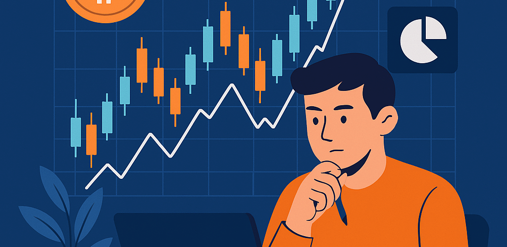 A calm crypto trader surrounded by symbolic icons of the mind, Bitcoin, and rising price charts — representing emotional mastery in volatile markets.