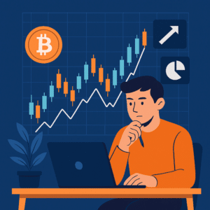 A calm crypto trader surrounded by symbolic icons of the mind, Bitcoin, and rising price charts — representing emotional mastery in volatile markets.