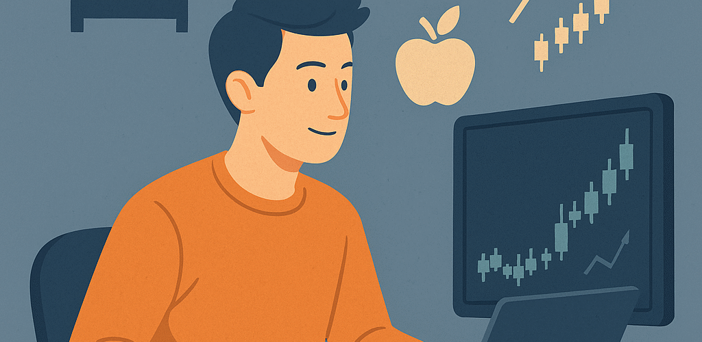 A calm and focused crypto trader at a desk, surrounded by icons symbolizing rest, health, and energy &mdash; like a bed, apple, brain, and rising chart.