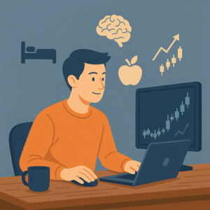 A calm and focused crypto trader at a desk, surrounded by icons symbolizing rest, health, and energy — like a bed, apple, brain, and rising chart.