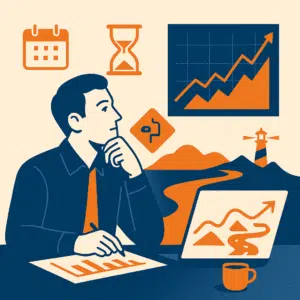 A crypto trader planning for the long term, surrounded by icons like a calendar, hourglass, rising chart, and lighthouse, symbolizing strategic, future-focused thinking.