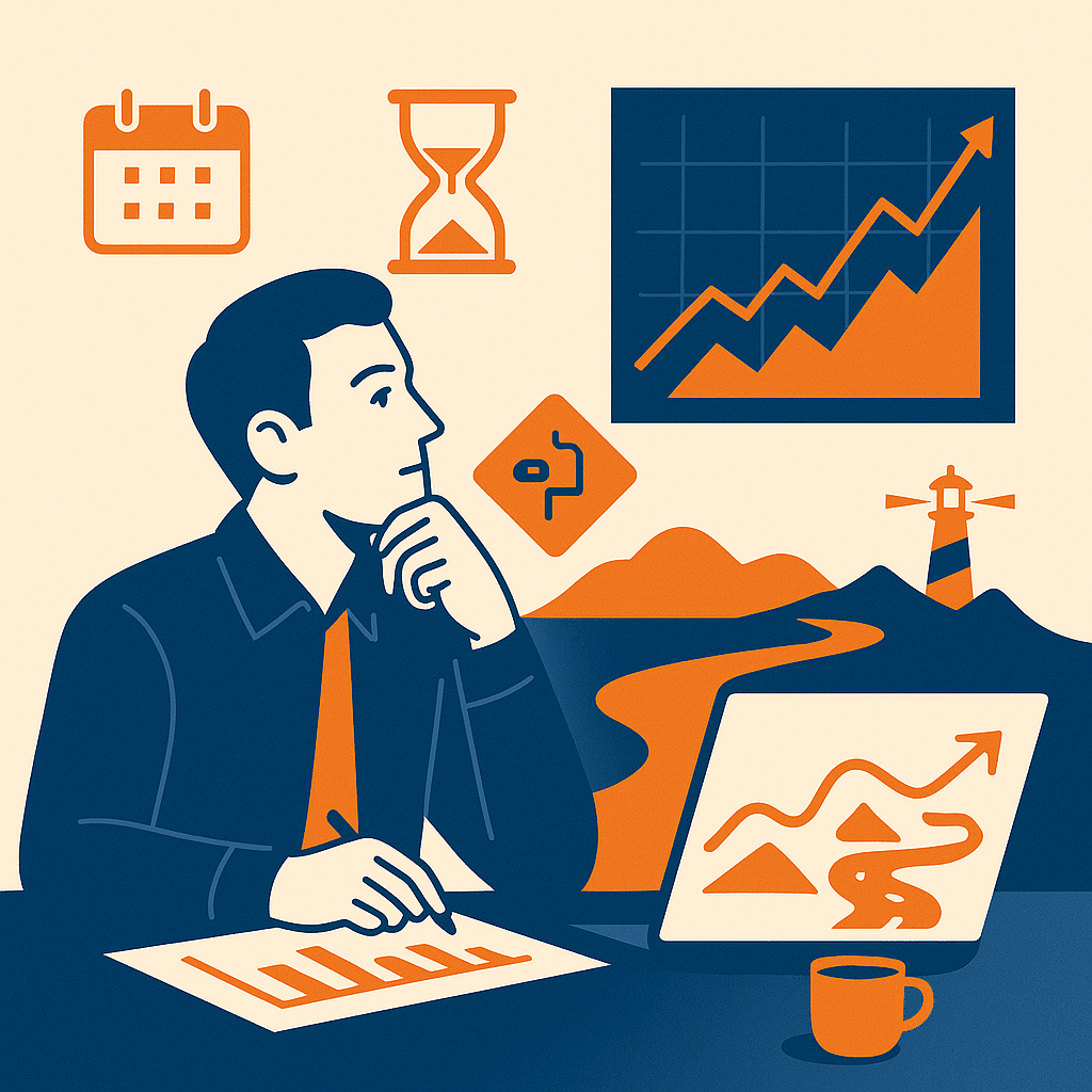 A crypto trader planning for the long term, surrounded by icons like a calendar, hourglass, rising chart, and lighthouse, symbolizing strategic, future-focused thinking.
