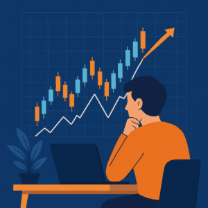 A calm crypto trader seated at a desk, watching charts with hands folded, surrounded by icons of clocks, calendars, and stable trend lines symbolizing patient strategy.