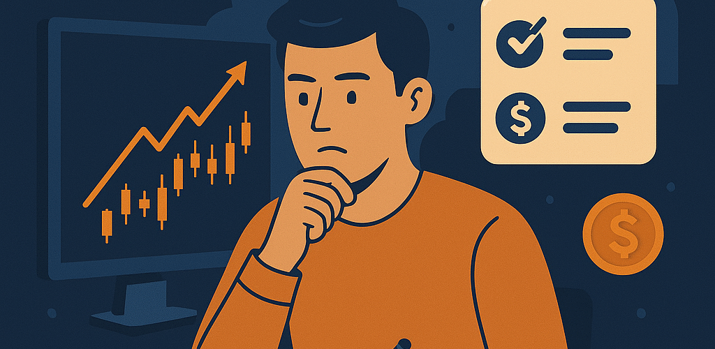 A thoughtful crypto trader writing goals in a notebook, with a candlestick chart rising in the background and subtle crypto icons representing growth and focus.