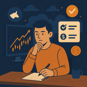 A thoughtful crypto trader writing goals in a notebook, with a candlestick chart rising in the background and subtle crypto icons representing growth and focus.