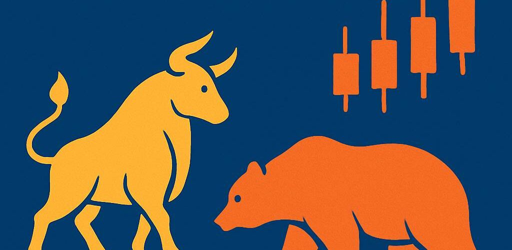 Illustration showing cyclical bull, bear, and sideways market phases with arrows and candlestick chart symbols.