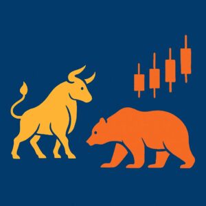 Illustration showing cyclical bull, bear, and sideways market phases with arrows and candlestick chart symbols.