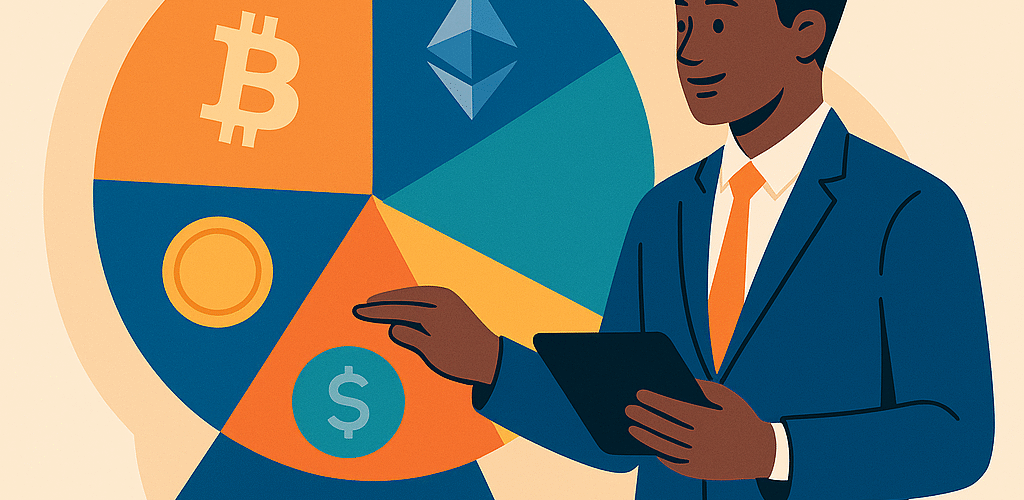 Illustration of a crypto portfolio pie chart with slices for Bitcoin, Ethereum, altcoins, stablecoins, and DeFi assets, symbolizing balanced diversification.