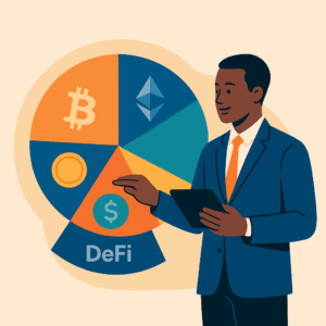 Illustration of a crypto portfolio pie chart with slices for Bitcoin, Ethereum, altcoins, stablecoins, and DeFi assets, symbolizing balanced diversification.