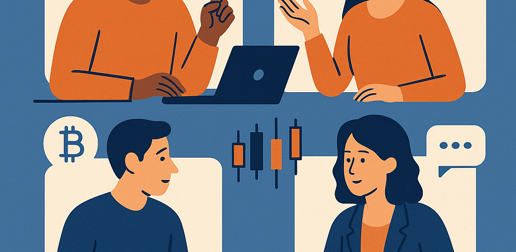 Four traders in a video call window collaborating over crypto charts and ideas, symbolizing a supportive trading community.