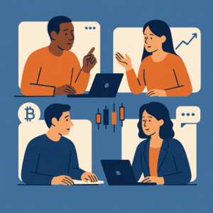 Four traders in a video call window collaborating over crypto charts and ideas, symbolizing a supportive trading community.