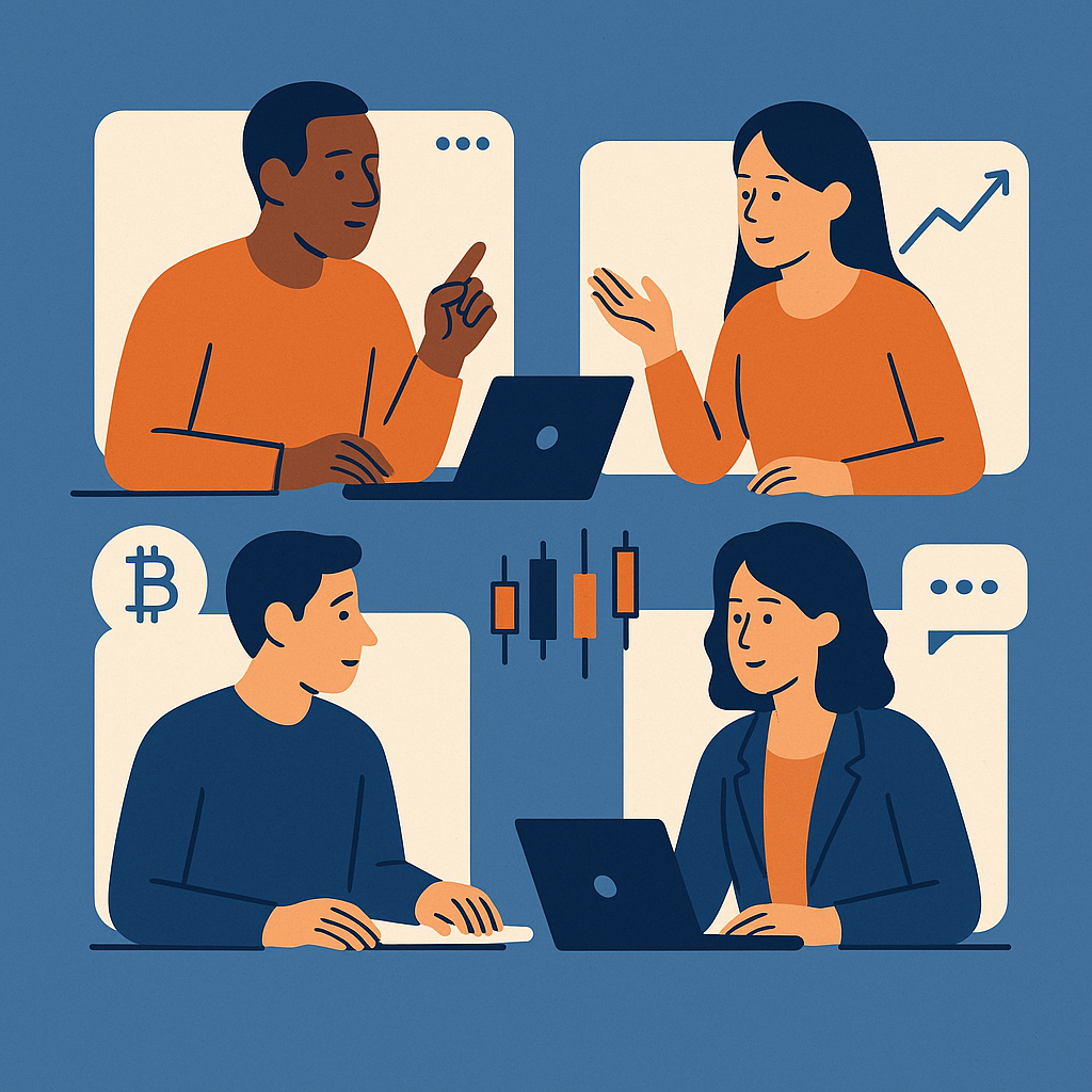 Four traders in a video call window collaborating over crypto charts and ideas, symbolizing a supportive trading community.