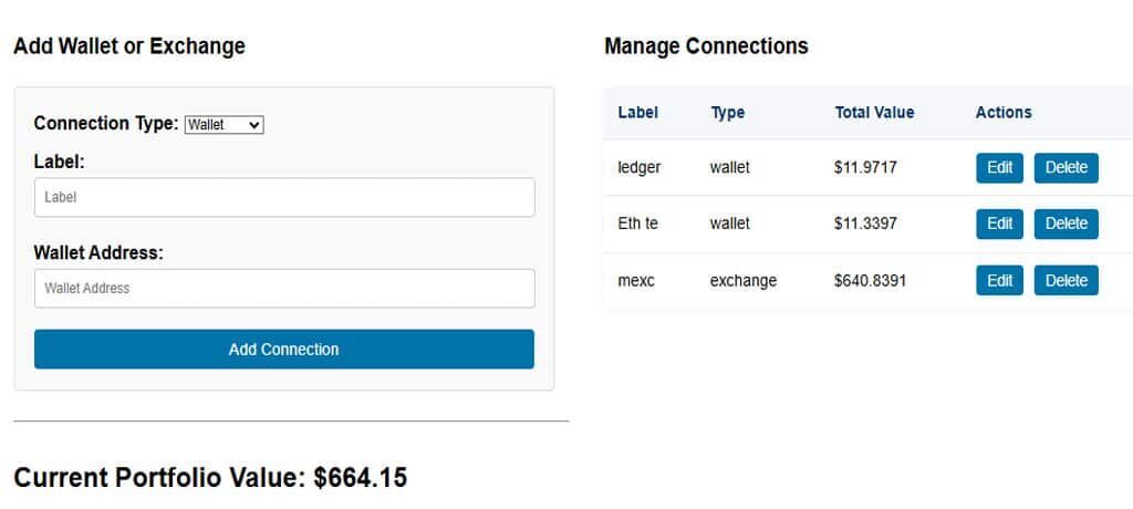 Screenshot of the Crypto Mental Log Portfolio Tracker interface showing fields to add a wallet or exchange address, a table of connections with labels and total values, and pie‐chart + line‐chart visualizations of portfolio allocation and performance.