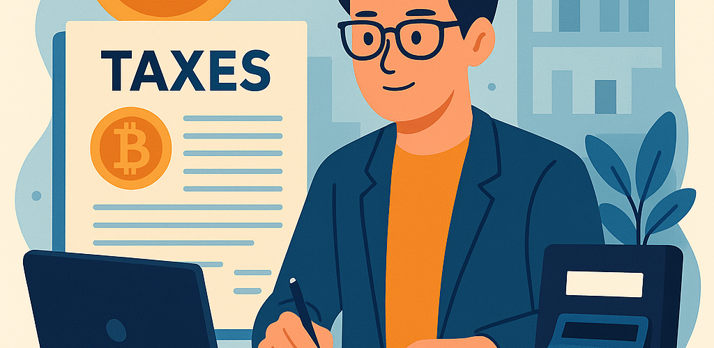 Illustration of a focused trader filing cryptocurrency taxes with a laptop, calculator, and bitcoin documents on the desk.