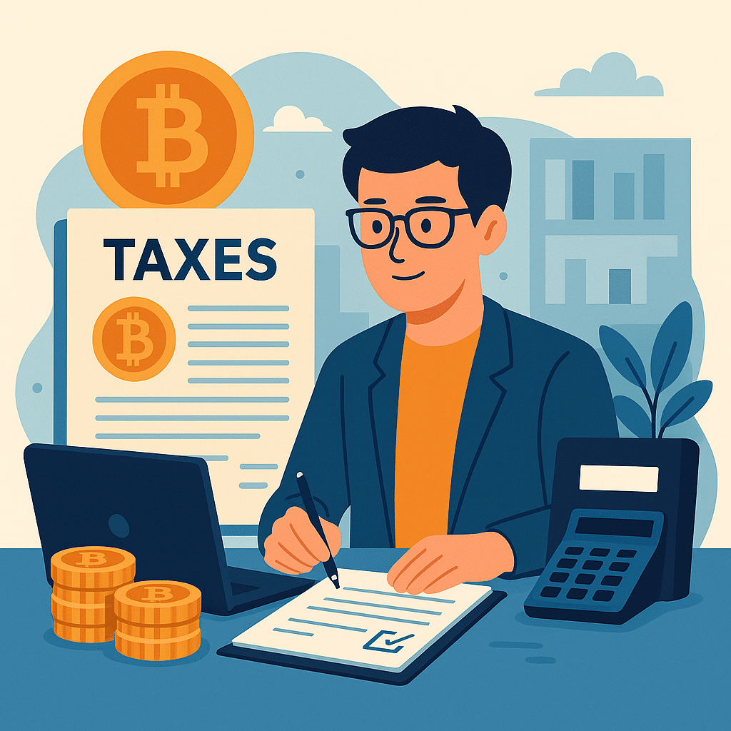 Illustration of a focused trader filing cryptocurrency taxes with a laptop, calculator, and bitcoin documents on the desk.