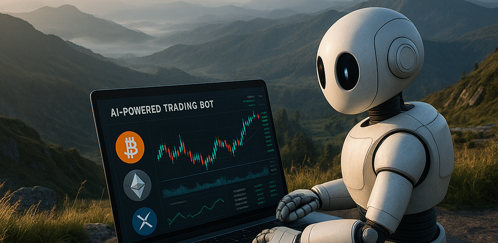 Wide angle shot of a landscape with an AI trading bot interface
