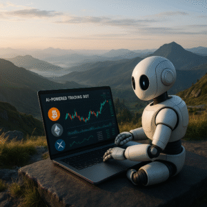 Wide angle shot of a landscape with an AI trading bot interface