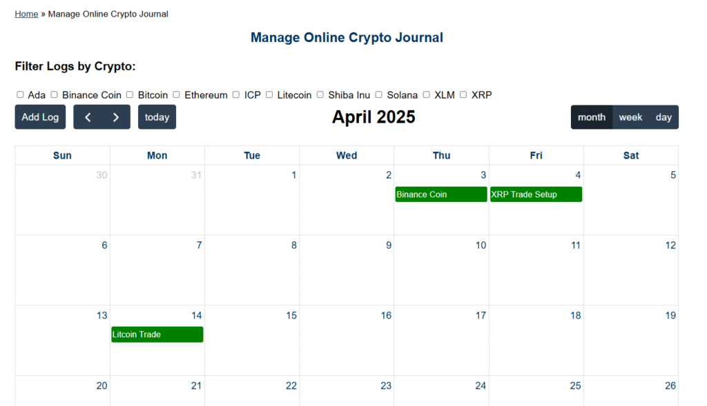 Crypto Mental Log journal management dashobard with journal date selector