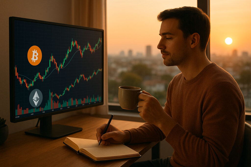 Calm crypto trader reviewing charts at sunrise with notebook and tea