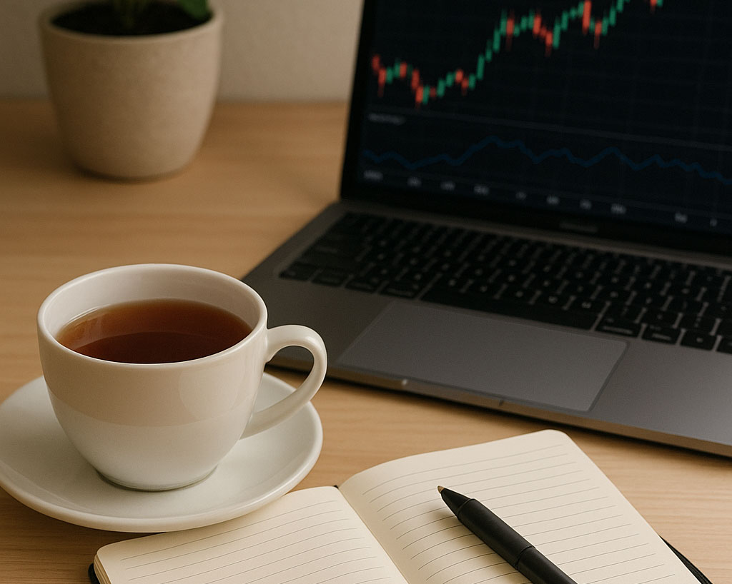 Calm morning routine before trading with tea and notebook