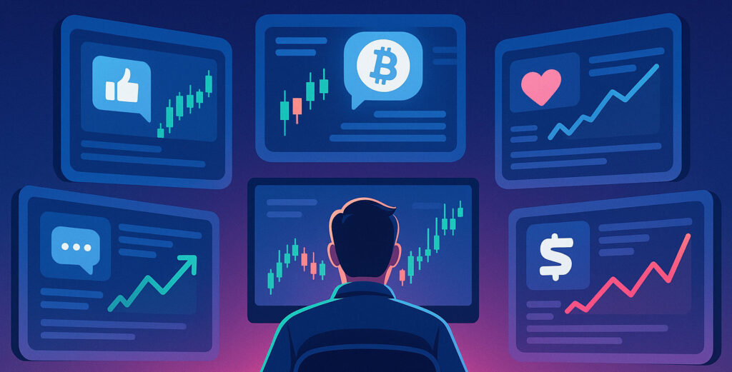 Crypto trader surrounded by social media feeds influencing trading decisions