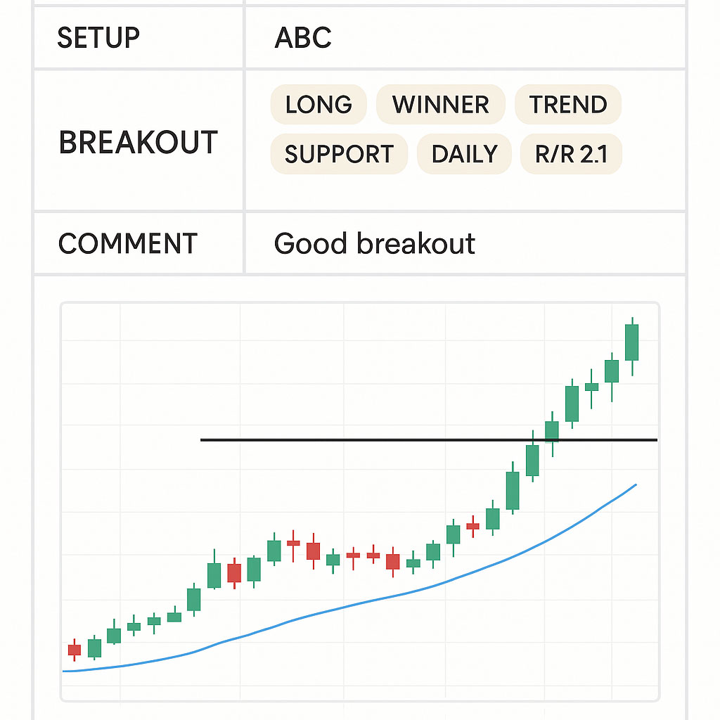 Example of a structured trading journal entry with tags and screenshots