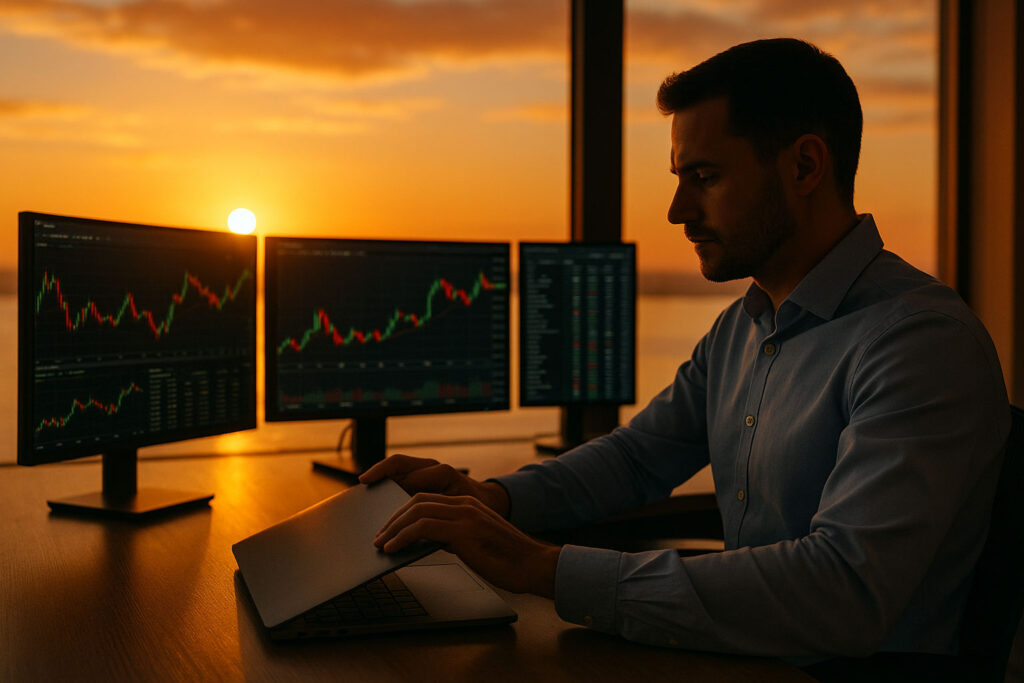 Trader closing laptop at sunset after a disciplined session